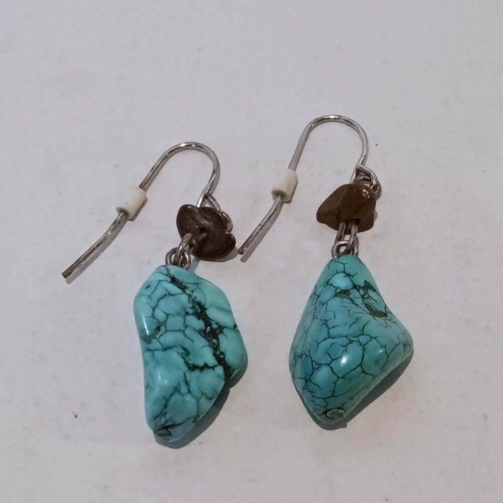 Turquoise Stone Nugget & Tigers Eye Dangle Earrings-French Hook-Southwestern